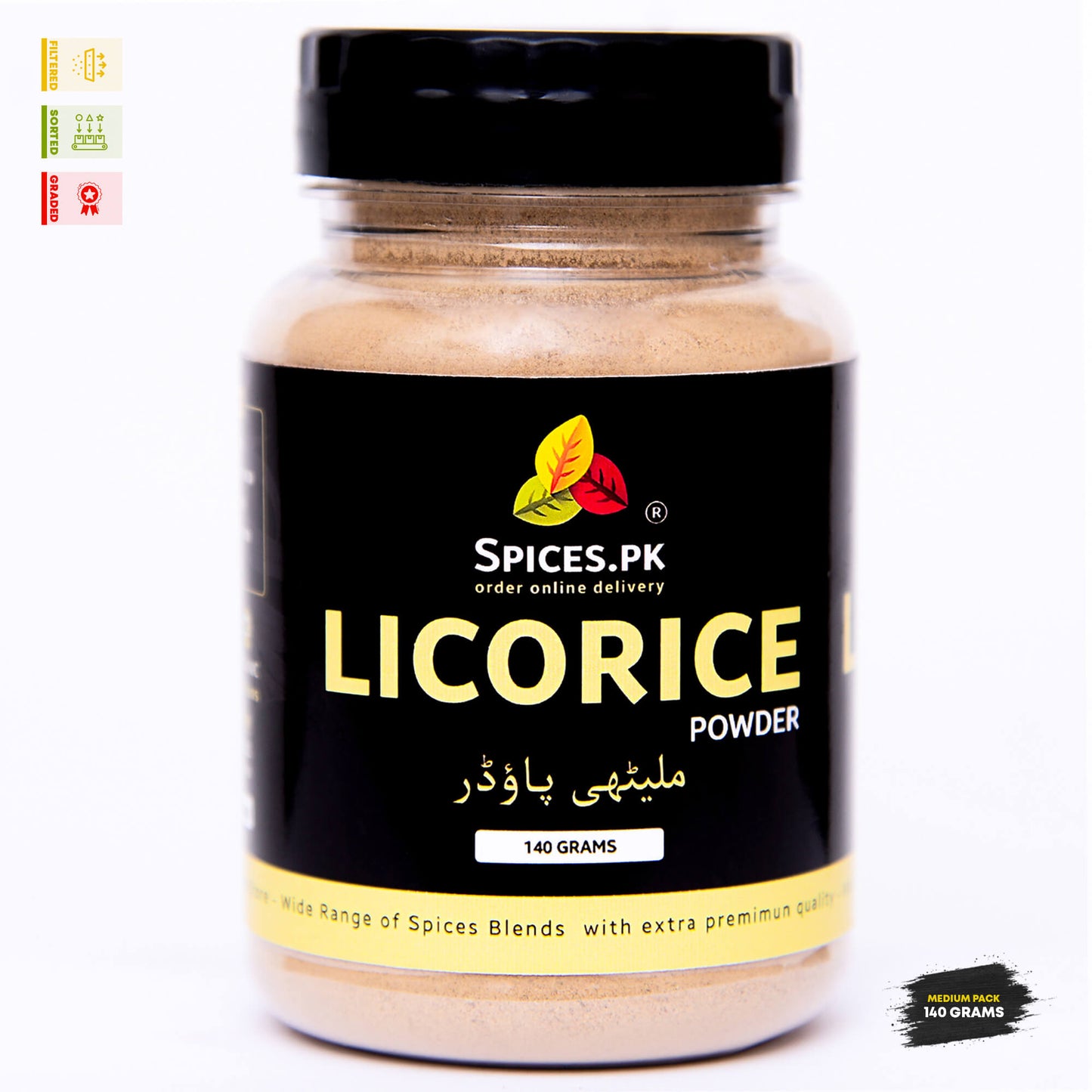 Spices.pk 140g jar of premium licorice powder. 100% natural mulethi powder for face whitening mask and cough relief.Jar of Spices.PK licorice powder on a white background