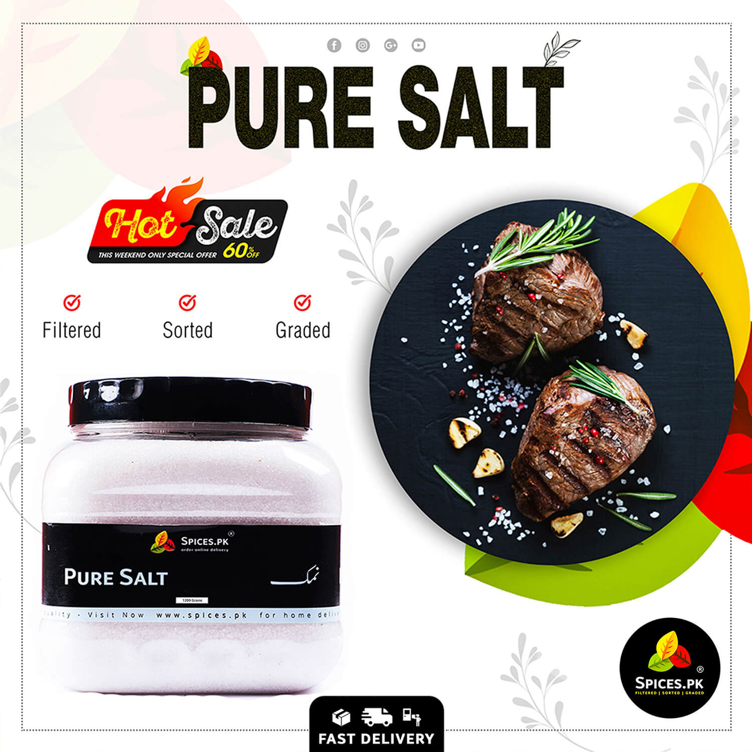 Promotional image of pure salt with a jar and cooked meat dish, featuring the Spices.PK brand.Spices.pk Pure Salt used on premium steak, Hot Sale 60% off offer, high-quality cooking Namak.