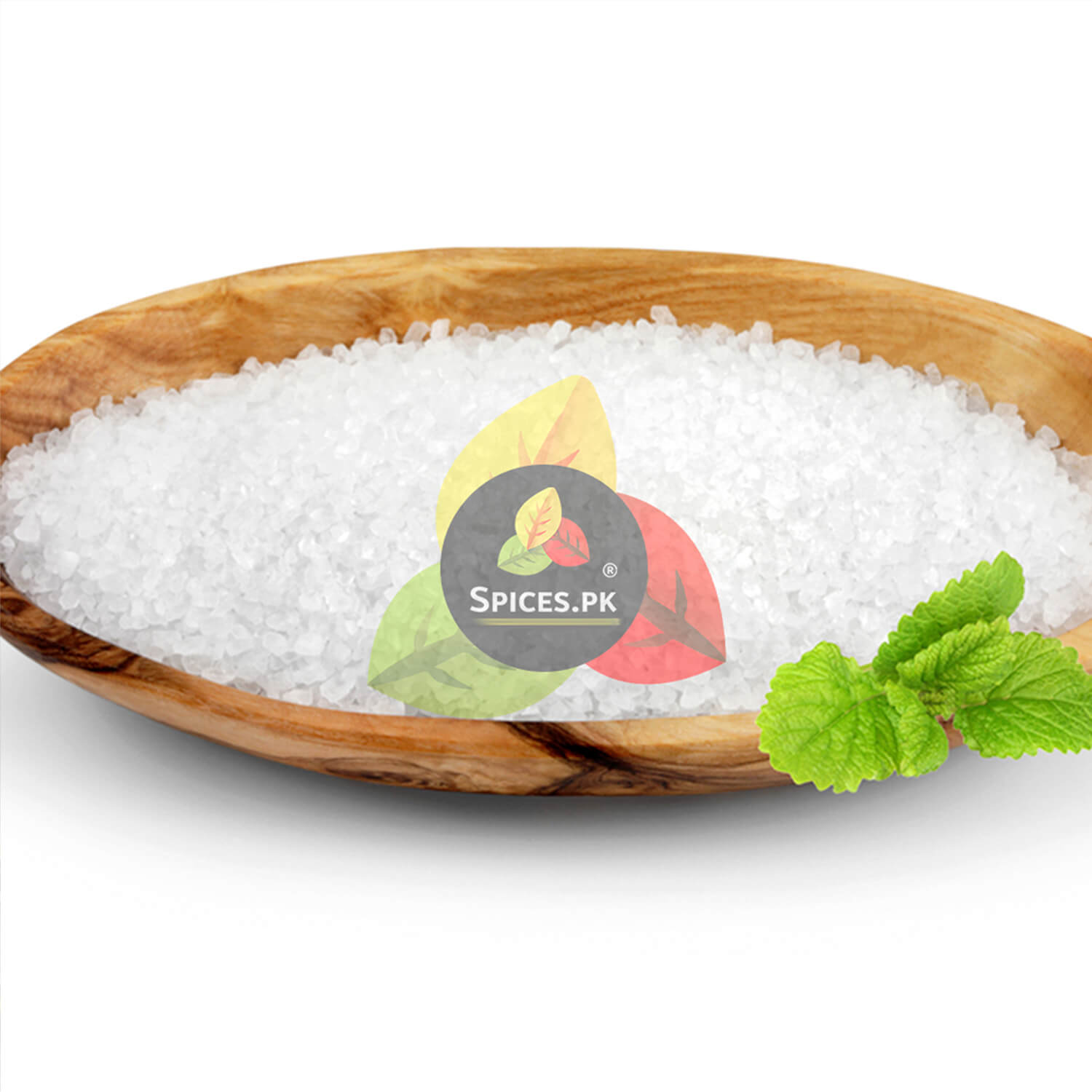 Pure white food grade Tatri crystals or Nimbu Sat in a wooden bowl with green mint garnish, showcasing high quality citric acid.