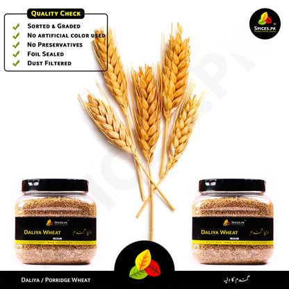 Spices.pk Wheat Porridge quality check: sorted, graded, preservative-free, and foil-sealed. Pure Gandum ka Daliya for your family.Two jars of Daliya wheat with wheat stalks on a white background, featuring Spices.pk branding.