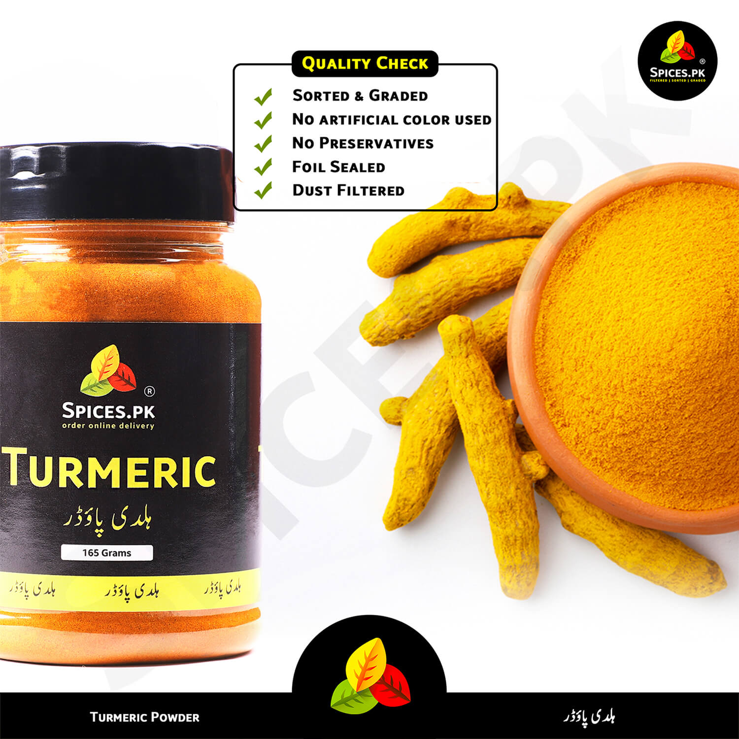 Quality-checked Turmeric: No artificial colors, no preservatives, and foil-sealed for freshness at Spices.pk.