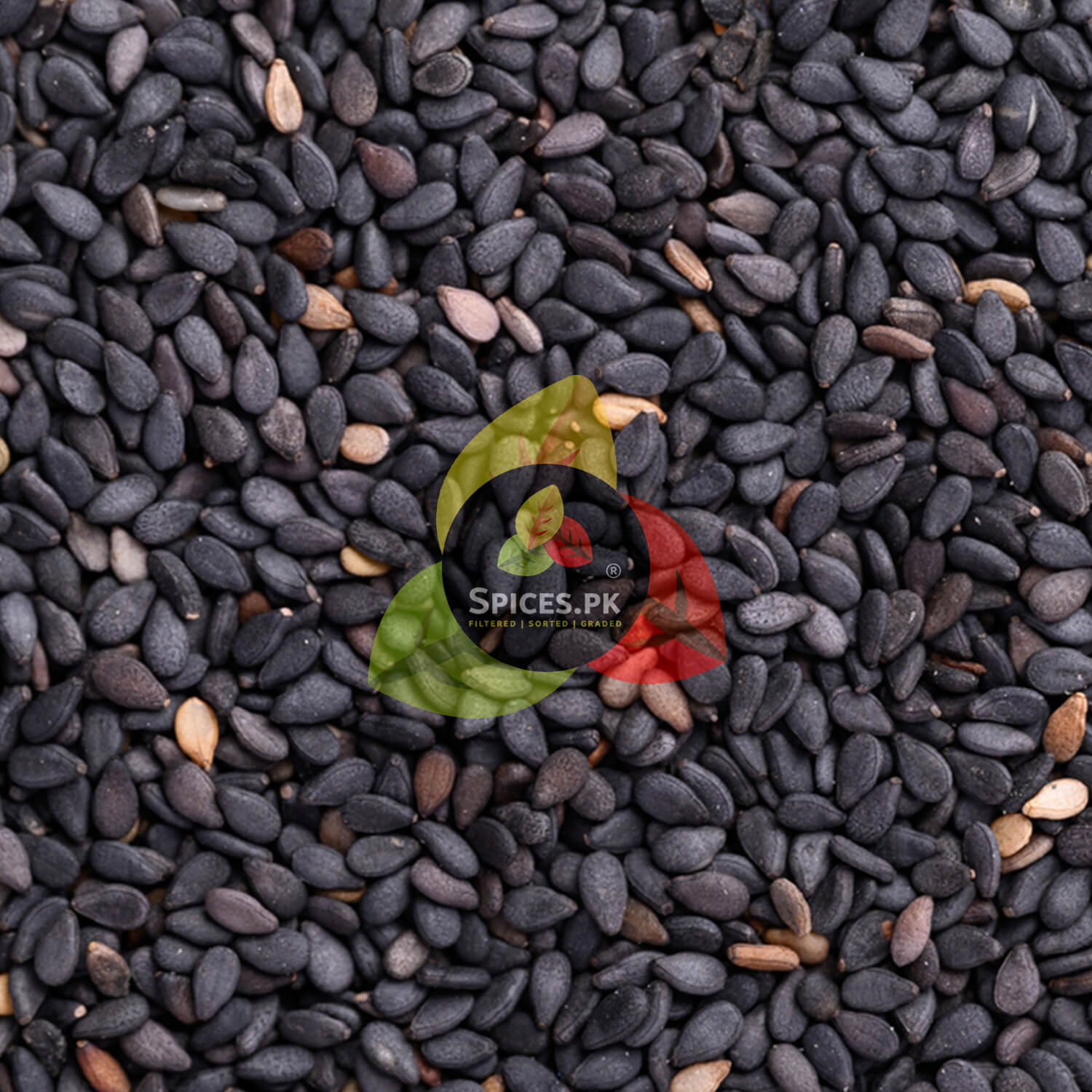 Macro close-up texture of high-quality, pure black sesame seeds (Kalay Til) from Spices.pk. Filtered, sorted, and naturally rich in oils.