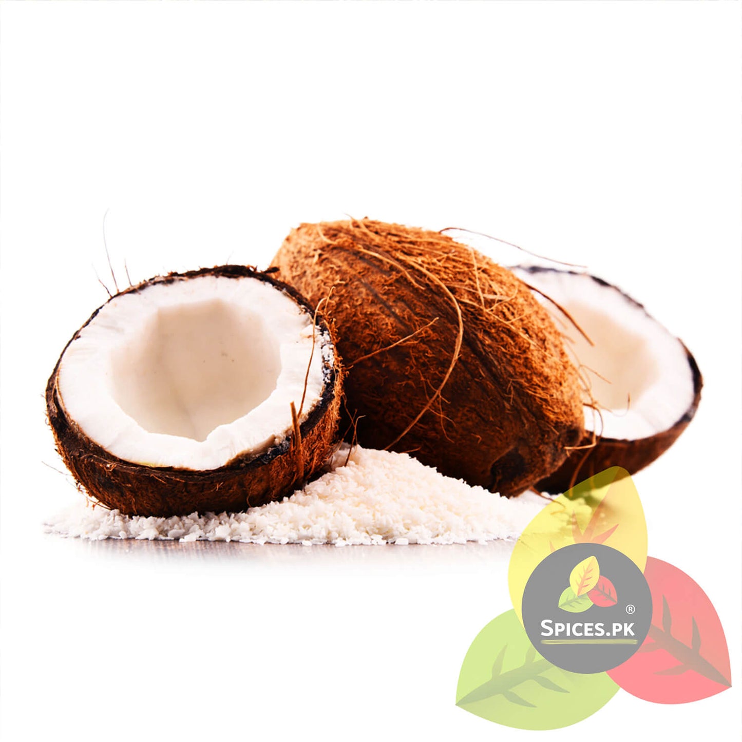 Pure finely shredded Giri Burada pile on a dark background. Premium desiccated coconut powder from Spices.pk.Coconut halves with coconut flakes on a white background, featuring the Spices.PK logo.