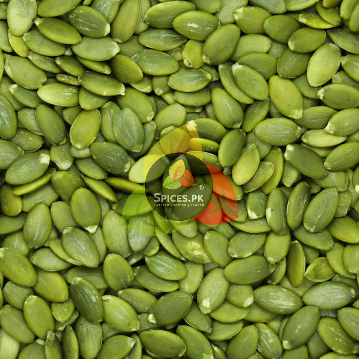 Macro close-up texture of unroasted green pumpkin seeds (pepitas), rich in zinc and magnesium for a healthy diet.