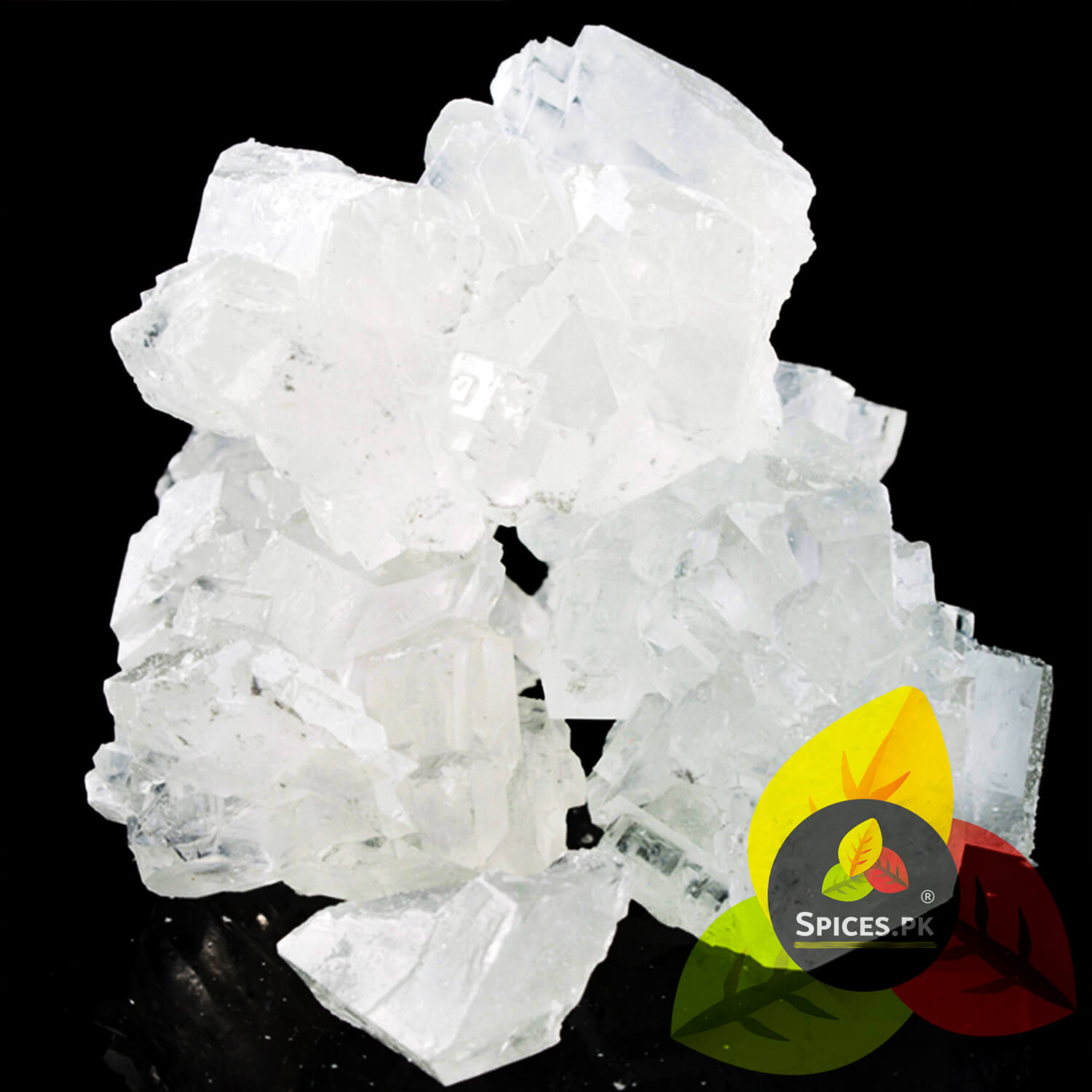 Sparkling white, unrefined raw rock sugar crystals. Premium uncolored Kuja Mishri chunks on a clean black background.Crystal rock on a black background with 'Spices PK' logo.