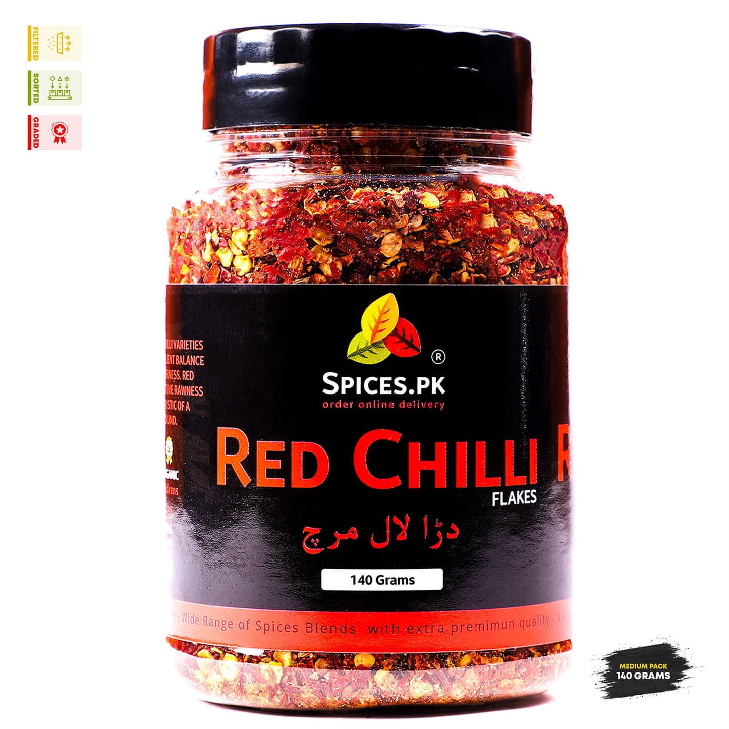 Red Chilli Flakes (Dara Lal Mirch) 140g medium pack jar with filtered, sorted, and graded quality icons – Spices.pk.