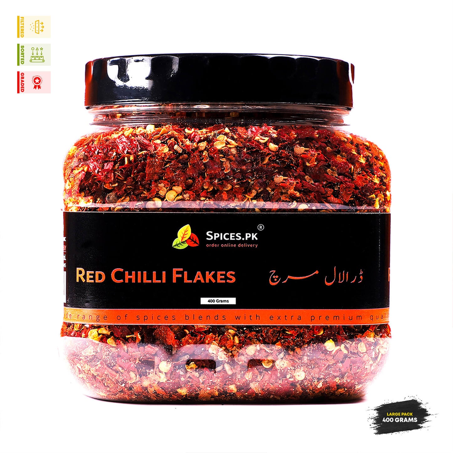 Red Chilli Flakes (Dara Lal Mirch) 400g Large Pack jar with filtered, sorted, and graded quality seals from Spices.pk.