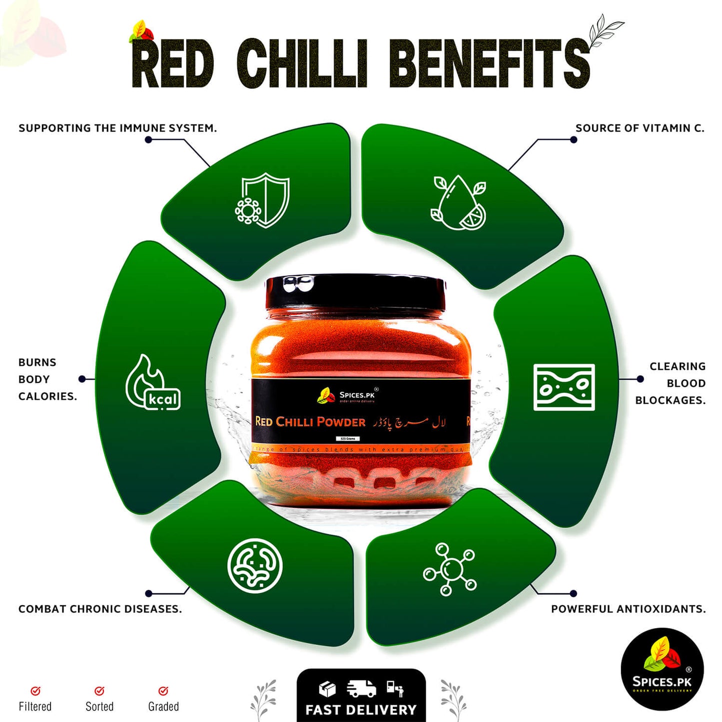 Infographic of Red Chilli benefits: Burns calories, source of Vitamin C, and supports the immune system – Premium Halal spices from Spices.pk.