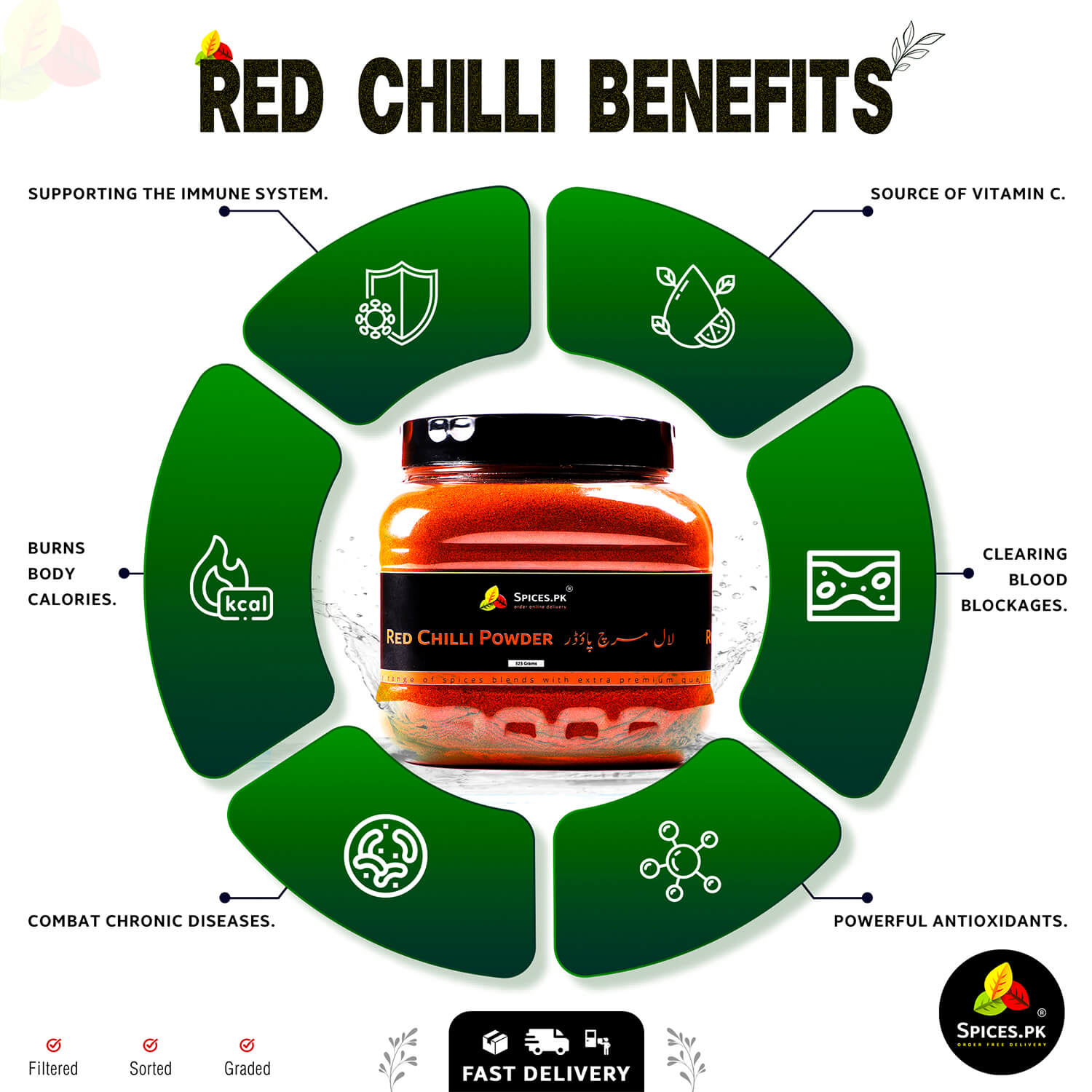Infographic of Red Chilli benefits: Burns calories, source of Vitamin C, and supports the immune system – Premium Halal spices from Spices.pk.