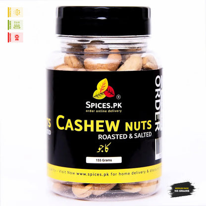 Spices.pk premium roasted and salted cashew nuts jar, 155 grams medium pack with clear branding and Urdu text for kaju.