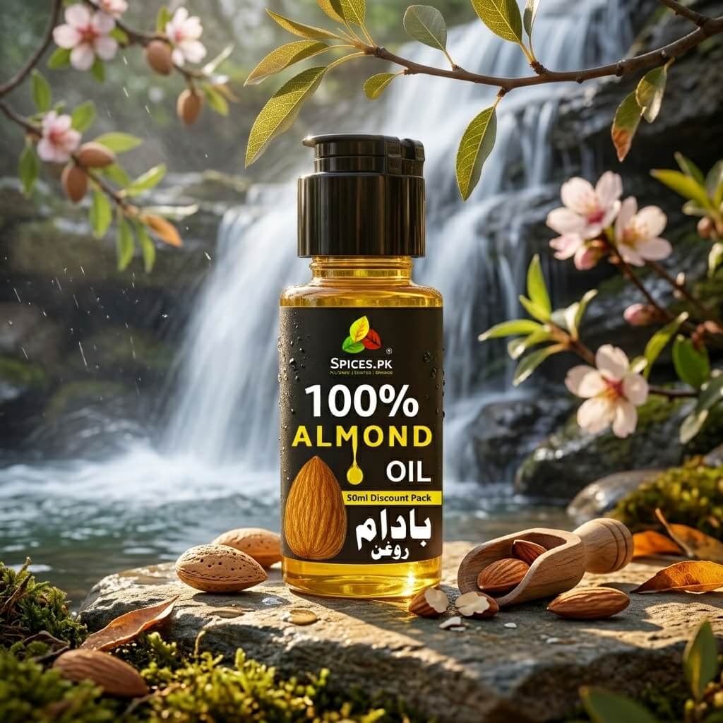 Spices.pk 50ml pure cold pressed Roghan Badam almond oil bottle with wooden scoop near a natural waterfall..A bottle of SPICES.PK 100% Almond Oil stands on a mossy rock in front of a waterfall, surrounded by almonds, blossoms, and leaves.