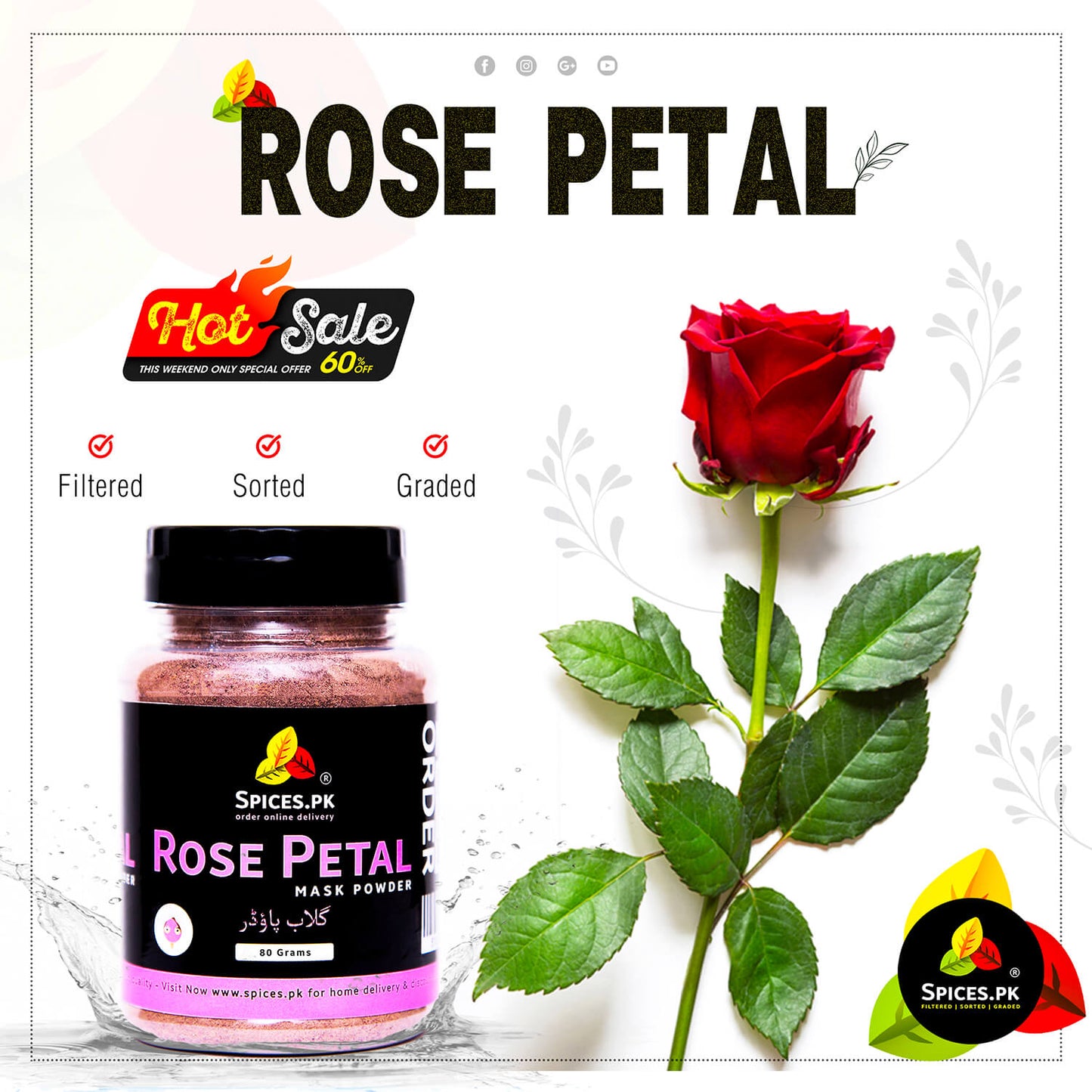 Spices.pk 80g jar of organic rose petal mask powder for skin. Filtered, pure gulab powder on sale with a fresh red rose.