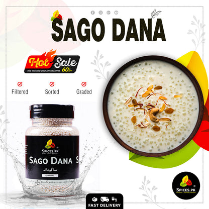 A traditional bowl of delicious sabudana kheer dessert shown next to a 240g premium jar of Spices.pk sago dana.Advertisement for Sago Dana with a bowl of sago pudding and a jar of sago pearls on a white background.