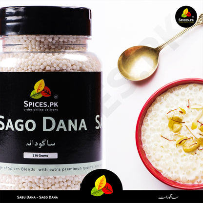 Fluffy savory sabudana khichdi breakfast served beautifully next to an authentic jar of sago dana from Spices.pk.Jar of Sago Dana with a bowl of dessert and spoon on a white background