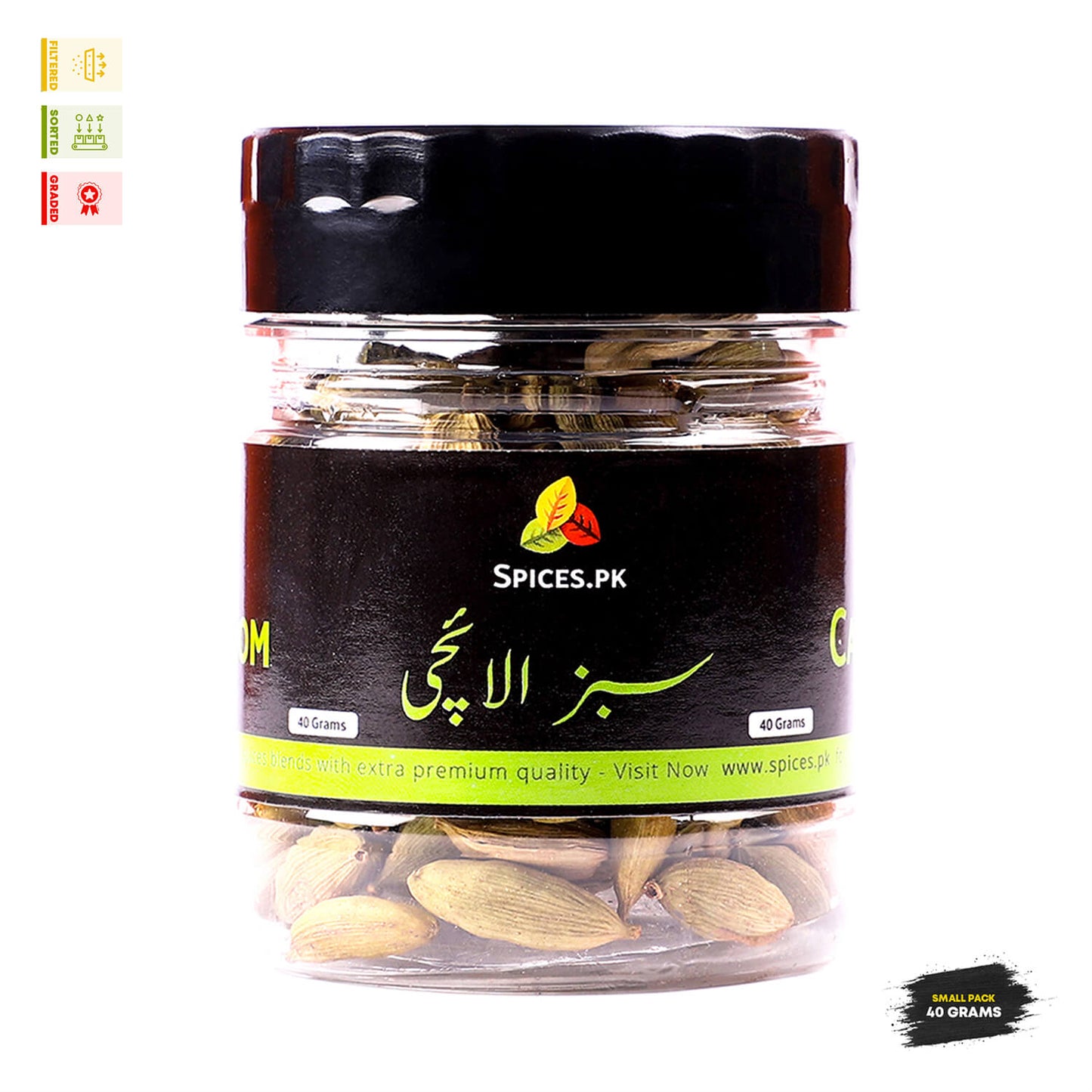 Spices.pk Sabz Elaichi 40g jar, premium quality green cardamom for traditional tea and Pakistani desserts.