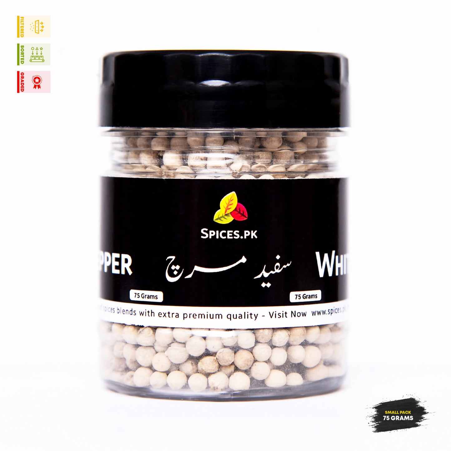 Front view of the Spices.pk 75g jar featuring Safaid Mirch written in Urdu, containing premium whole dakhni mirch.