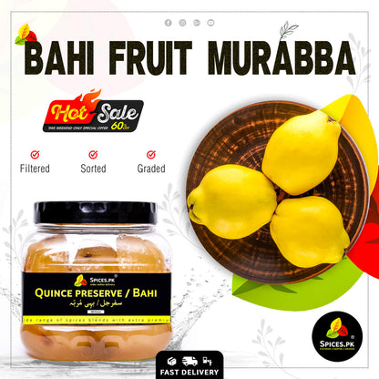 Hot sale on Spices.pk Bahi Murabba. Pure 800g quince preserve jar next to fresh safarjal fruits on a wooden plate. Fast delivery.