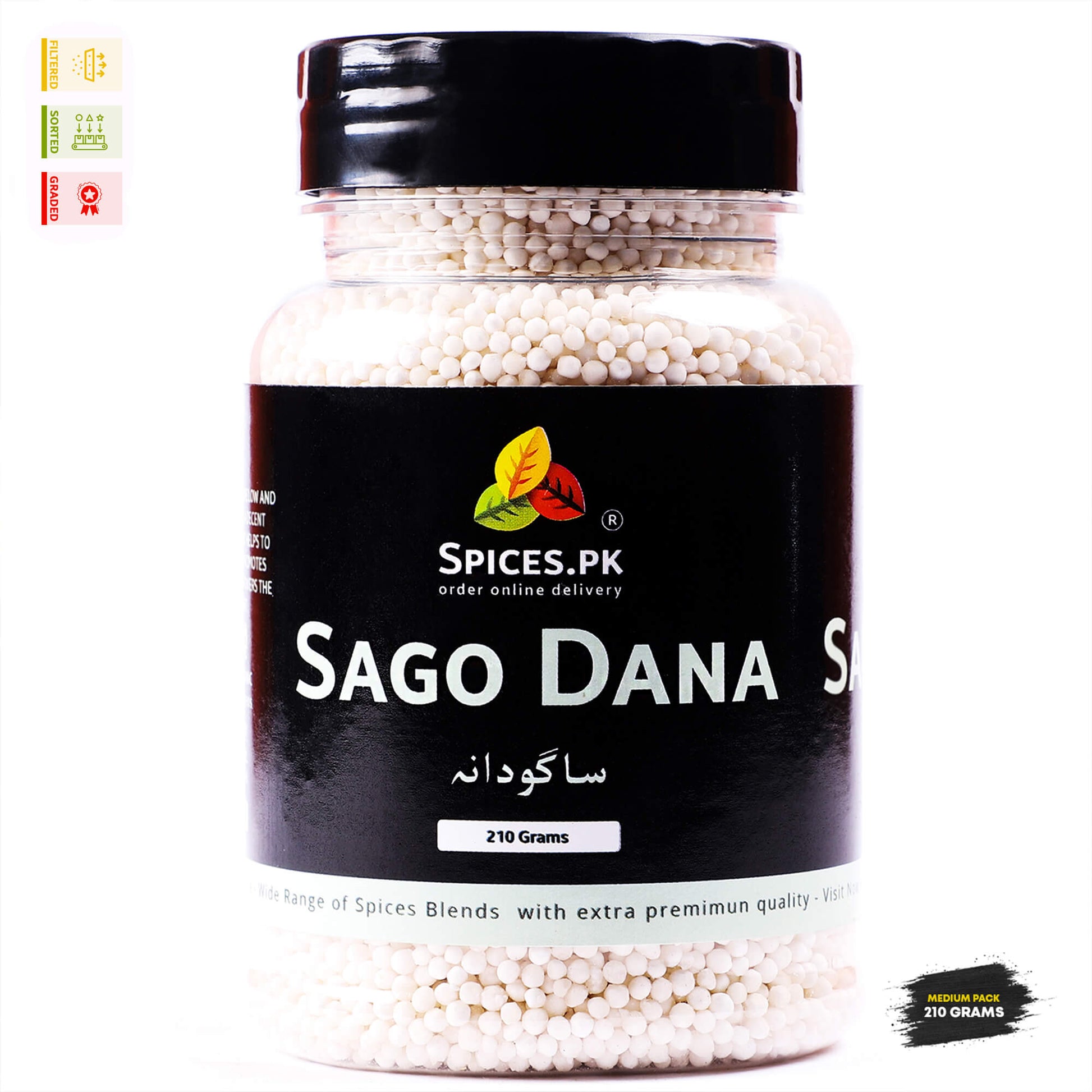 Spices.pk Sago Dana 240g medium pack jar, premium sorted and filtered tapioca pearls online in Pakistan.Jar of Sago Dana with Spices.PK branding on a white background