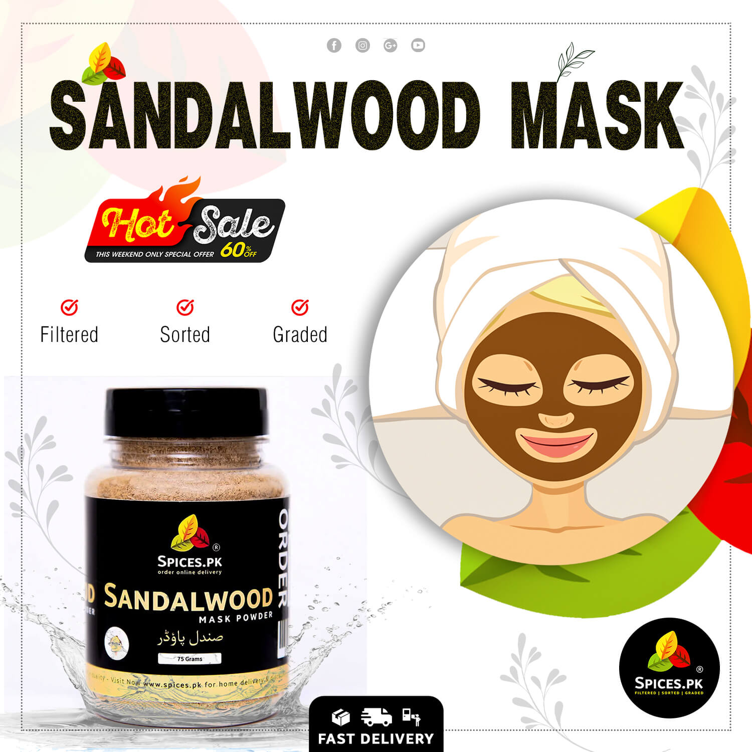 Spices.pk 75g jar of pure sandalwood mask powder for skin. Premium filtered chandan powder on sale with a face mask vector illustration.Sandalwood mask product with a jar of sandalwood powder and an illustration of a woman wearing a mask.