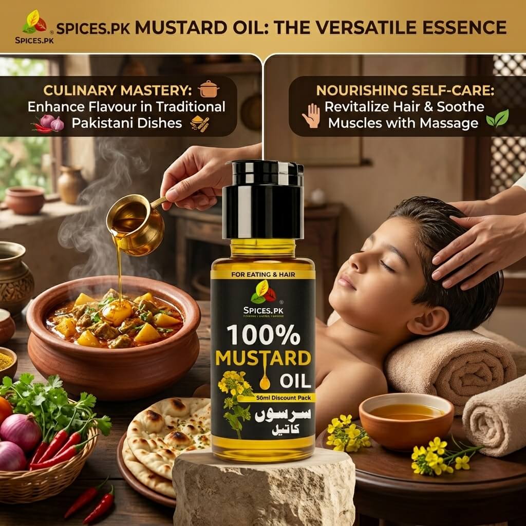 Spices.pk mustard oil benefits showing traditional cooking curry and soothing hair scalp massage..A bottle of Spices.PK 100% Mustard Oil centered in a promotional scene with a child receiving head massage, a bowl of curry, flatbread, and text banners about culinary mastery and self-care benefits.
