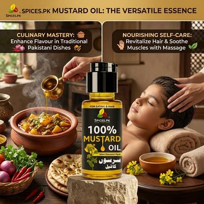 Spices.pk mustard oil benefits showing traditional cooking curry and soothing hair scalp massage..A bottle of Spices.PK 100% Mustard Oil centered in a promotional scene with a child receiving head massage, a bowl of curry, flatbread, and text banners about culinary mastery and self-care benefits.