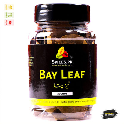 Jar of bay leaf with Spices.PK label on a white background.Front view of Spices.pk Bay Leaf (Tezz Pata) 20g premium jar - Authentic whole spices for sale online in Pakistan.