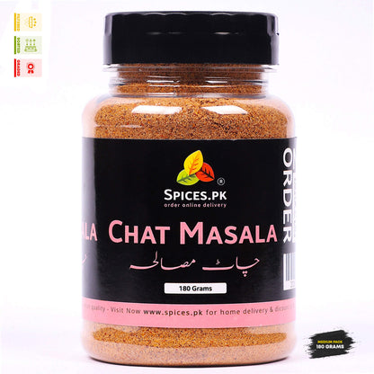 Jar of La Chat Masala spice mix with Spices.PK branding on a white background.180g jar of premium authentic Chat Masala by Spices.pk