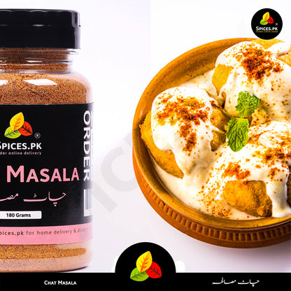 Spice jar labeled 'Masala' from Spices.PK next to a bowl of dessert with whipped cream and spices.Spices.pk Chat Masala bottle with a bowl of fresh spicy Indian chaat