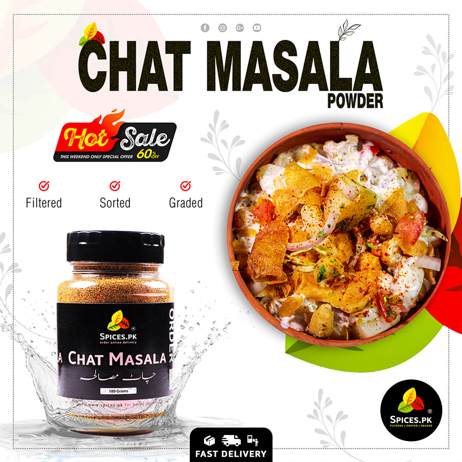 Promotional image of Chat Masala powder with a bowl of food and packaging.Premium Chat Masala by Spices.pk sprinkled over a bowl of Dahi Vada