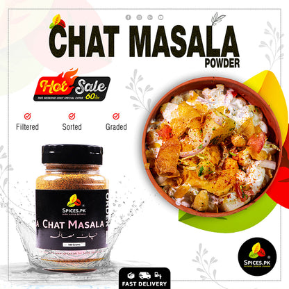 Promotional image of Chat Masala powder with a bowl of food and packaging.Premium Chat Masala by Spices.pk sprinkled over a bowl of Dahi Vada