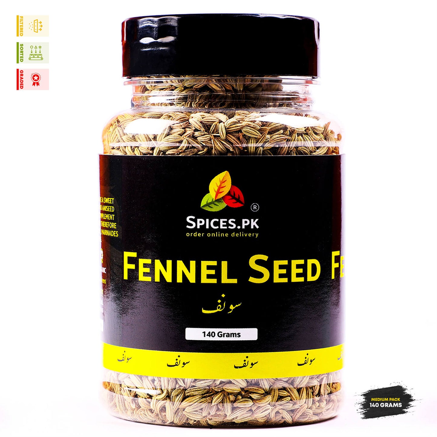 Premium 140g jar of Spices.pk Fennel Seeds (Saunf), filtered and graded pure fennel seeds for cooking and digestive health.