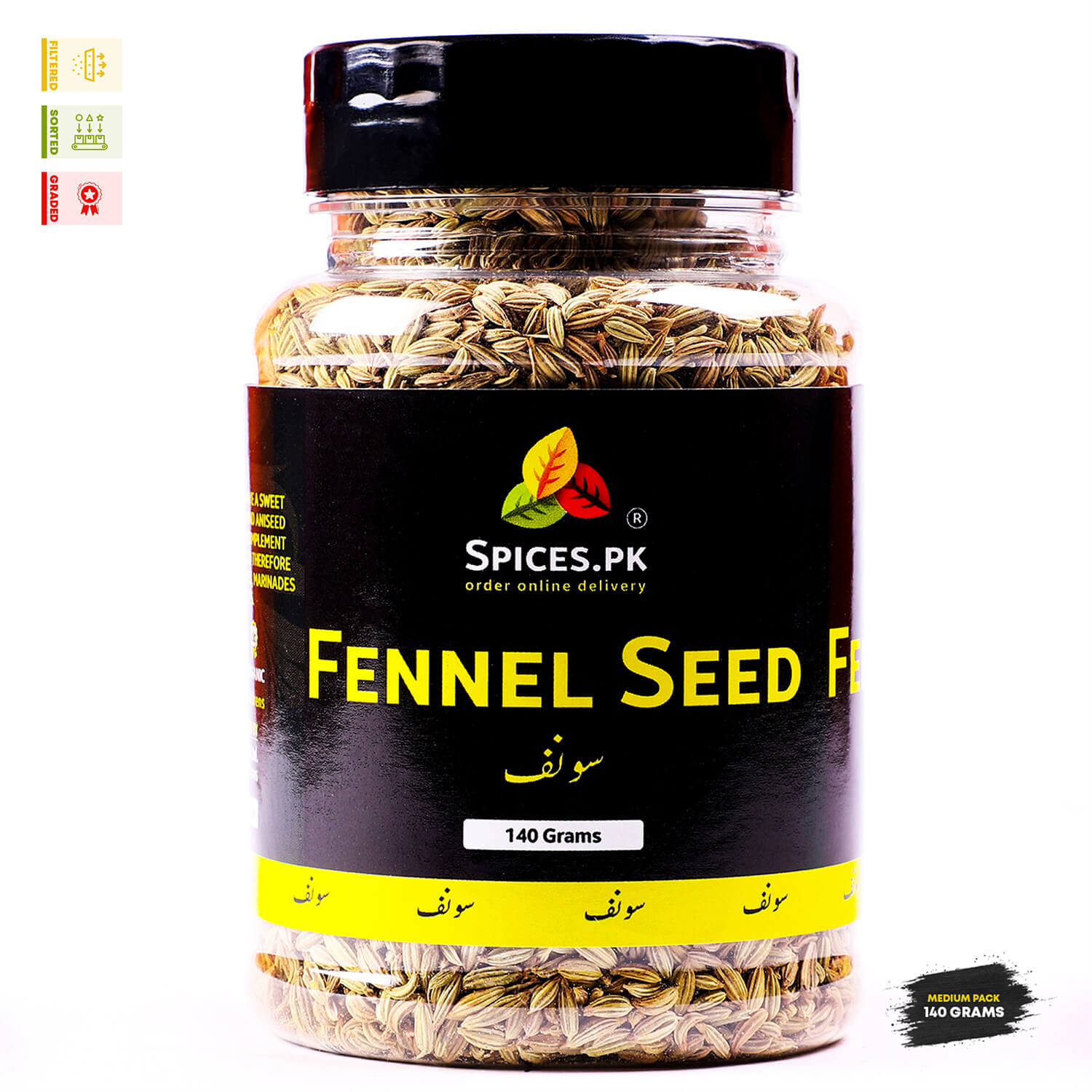Premium 140g jar of Spices.pk Fennel Seeds (Saunf), filtered and graded pure fennel seeds for cooking and digestive health.