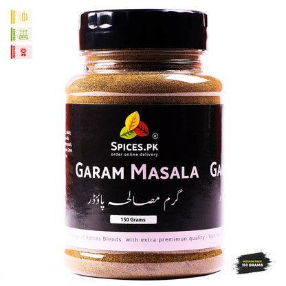 Spices.pk Garam Masala Powder in a 150g medium pack jar. An authentic, aromatic blend of filtered and graded ground spices, perfect for enhancing the flavor of traditional Pakistani and Indian curries.