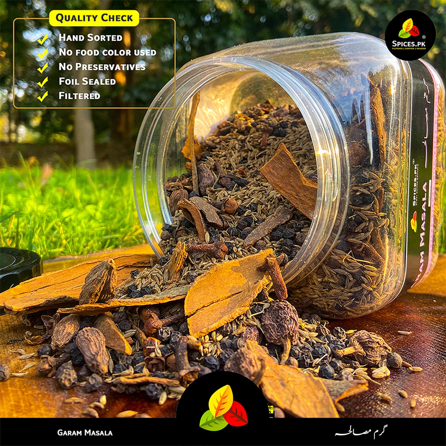 Spices.pk Garam Masala Quality Check: Hand-sorted, filtered, and foil-sealed whole spices with no artificial food colors or preservatives. Spilling out of a jar to show premium texture and purity.