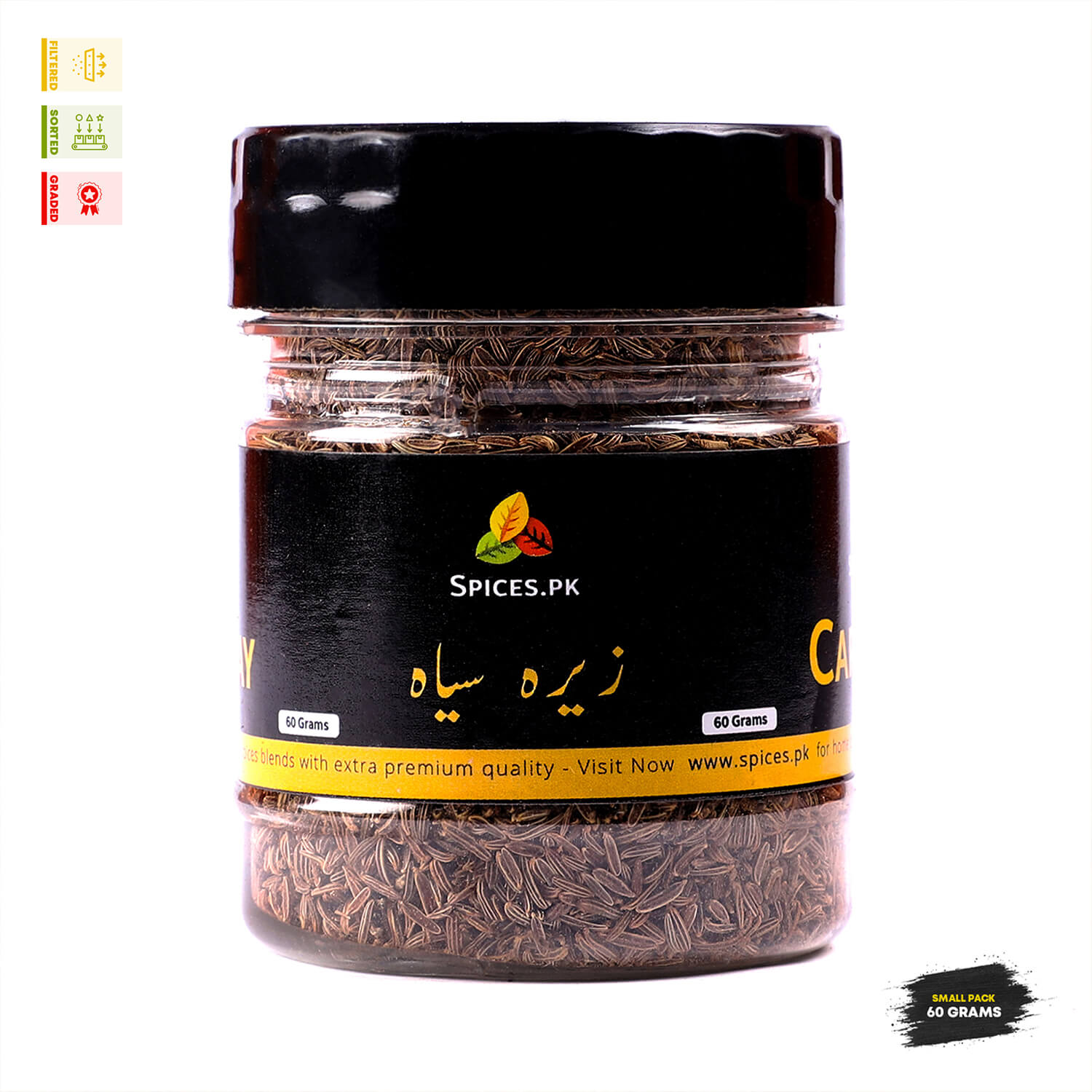 Spices.pk quality guarantee for 100% pure and organic Kala Zeera (Black Cumin), filtered and graded for premium culinary use.