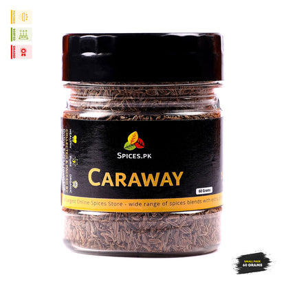 Premium 60g jar of Spices.pk Kala Zeera (Black Cumin/Shahi Zeera), premium quality caraway seeds for gourmet cooking and health.