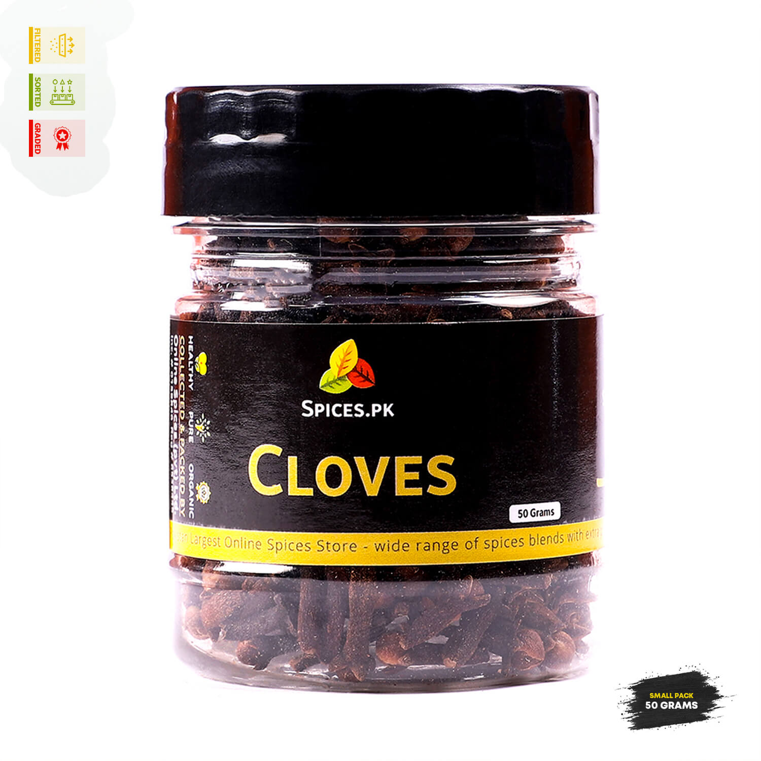Jar of cloves with Spices.PK label on a white background.jar of premium Spices.pk Whole Cloves (Laung) featuring filtered, sorted, and graded whole spice buds with rich aroma.