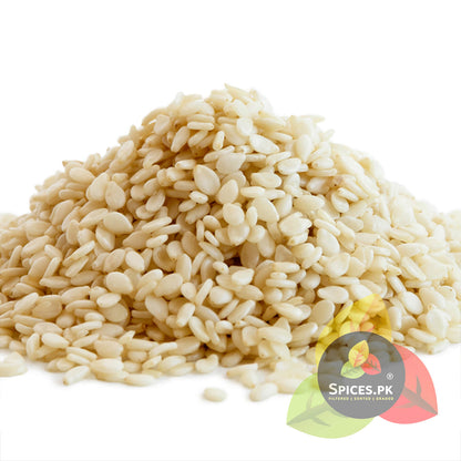 Close-up macro shot of pure white, clean Sesame Seeds from Spices.pk. Shows the high quality and uniformity of the raw til seeds. Ideal for seed oil production or adding a nutty flavor to dishes.