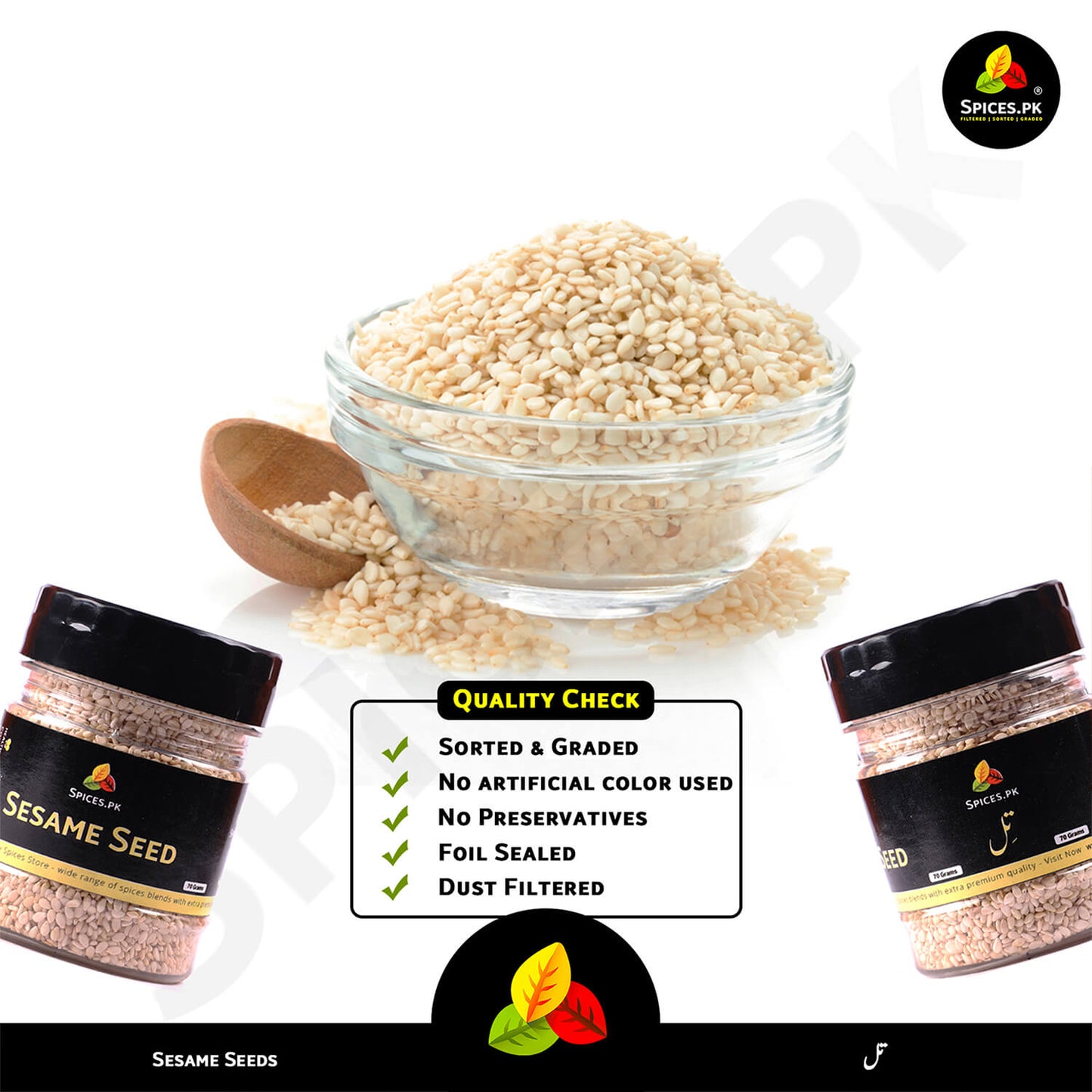 Pure and fresh Sesame Seeds from Spices.pk, displayed in a clear glass bowl with a rustic wooden spoon. The raw til seeds are shown alongside two of our 70g jars, illustrating our standard product. All seeds are filtered, sorted, and graded for high quality.