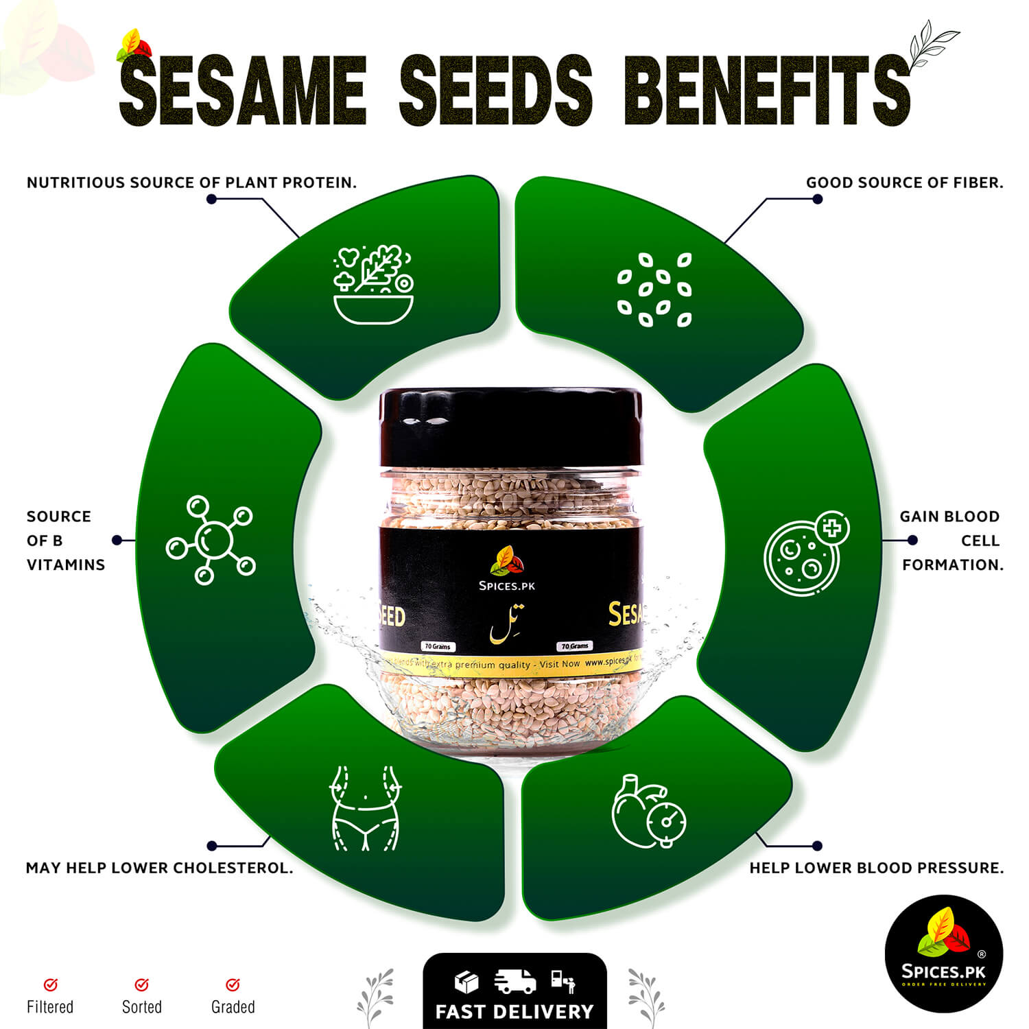Discover the health benefits of Sesame Seeds at Spices.pk. This 70g jar of premium til offers nutritious plant protein, is a source of B vitamins, a good source of fiber, may help lower cholesterol and blood pressure, and gains blood cell formation. Order online for fast delivery in Pakistan.