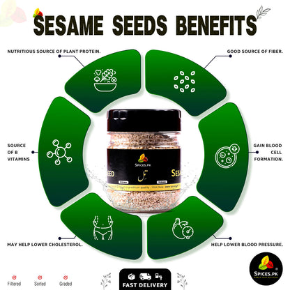 Discover the health benefits of Sesame Seeds at Spices.pk. This 70g jar of premium til offers nutritious plant protein, is a source of B vitamins, a good source of fiber, may help lower cholesterol and blood pressure, and gains blood cell formation. Order online for fast delivery in Pakistan.