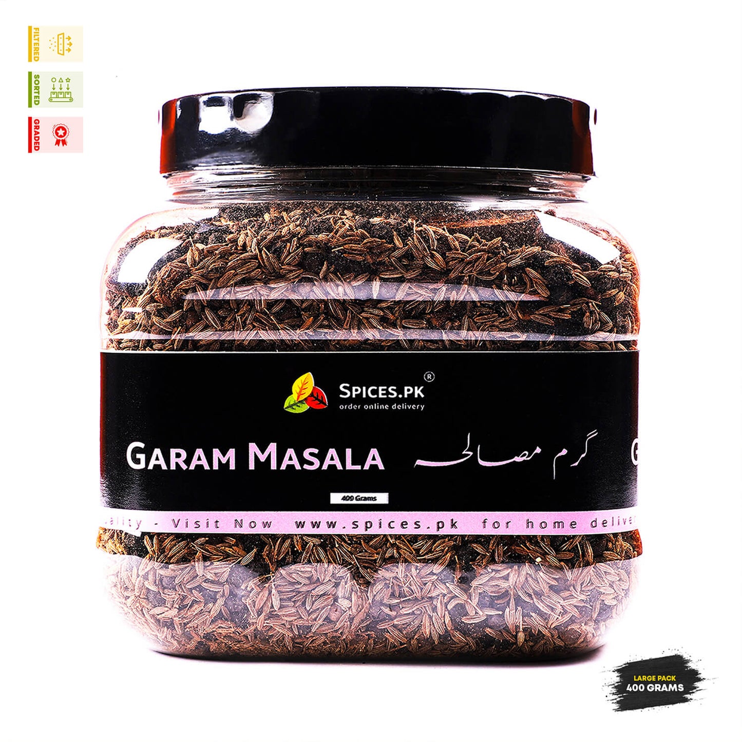 pices.pk Whole Garam Masala (Mix Sabut Masala) in a 400g large pack jar. This premium blend is filtered, sorted, and graded, ensuring the best quality for authentic Pakistani and Indian curries.