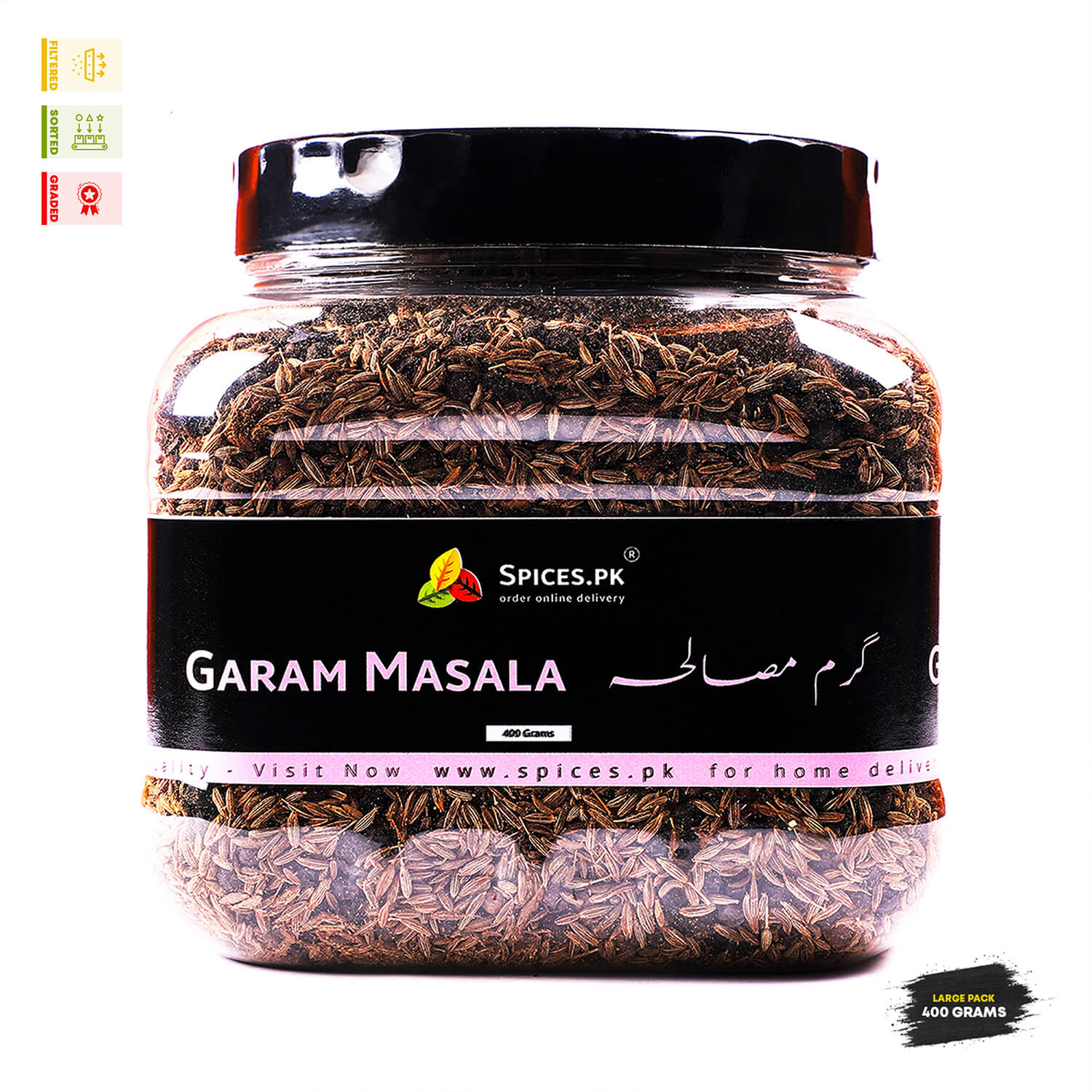 pices.pk Whole Garam Masala (Mix Sabut Masala) in a 400g large pack jar. This premium blend is filtered, sorted, and graded, ensuring the best quality for authentic Pakistani and Indian curries.