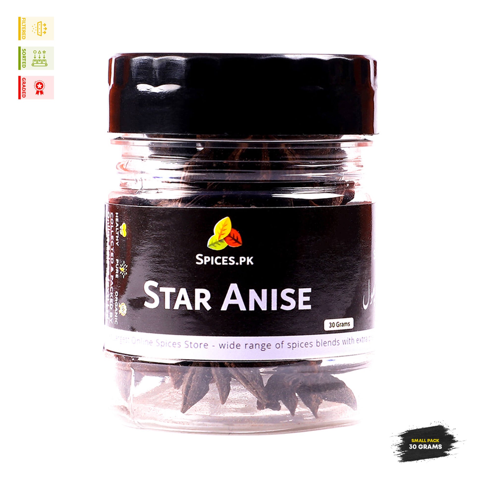 Spices.pk Star Anise 30 Grams small pack jar, premium whole spices available for online shopping in Pakistan.