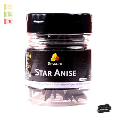Spices.pk Star Anise 30 Grams small pack jar, premium whole spices available for online shopping in Pakistan.