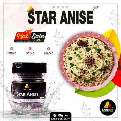 Star Anise used as a key ingredient in Pakistani Pulao rice, showing culinary uses of Badiyan e Khatai in cooking.