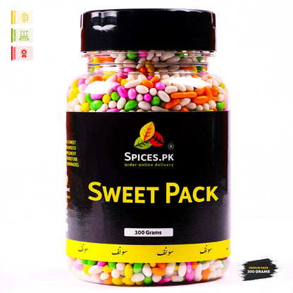 300g jar of sugar coated fennel seeds (Meethi Saunf) by Spices.pk. Premium filtered, sorted, and graded sweet mouth freshener.