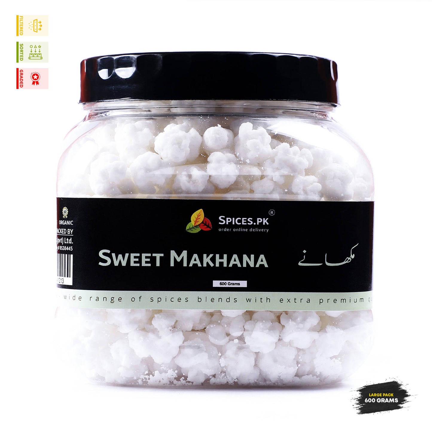 Spices.pk 600 Grams Sweet Makhana jar. Premium, sorted, and graded meethay makhane available online in Pakistan.Jar of sweet makhana with Spices.PK label on a white background
