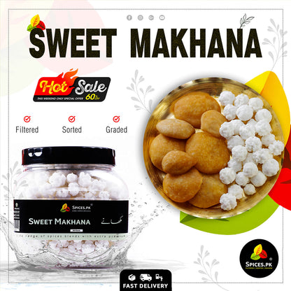 Buy Sweet Makhana online with fast delivery in Pakistan. Spices.pk meethay makhane served on a traditional brass plate.Advertisement for Sweet Makhana with a jar, bowl of makhana, and promotional text on a white background.