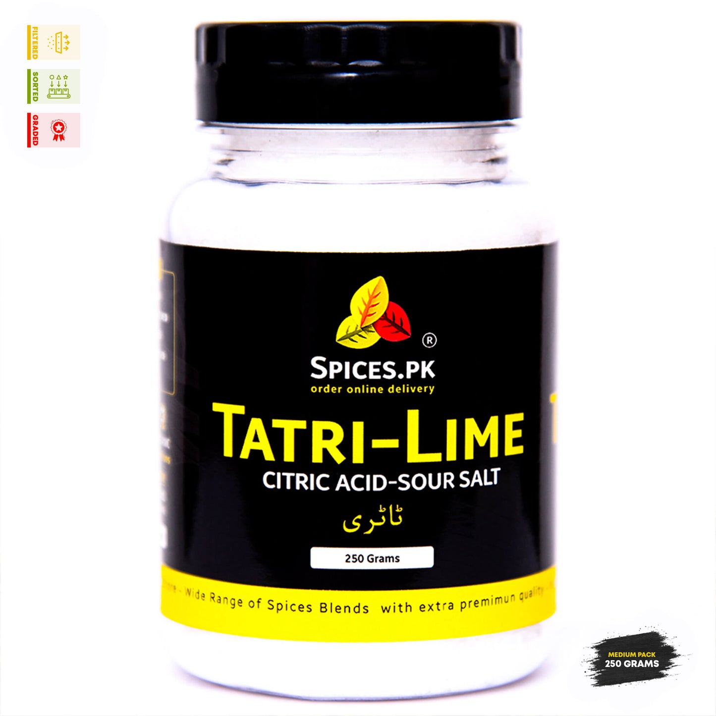 Front view of Spices.pk Tatri Lime Citric Acid Sour Salt 250g jar, filtered and graded food-grade tatri powder in Pakistan.Jar of Tatri-Lime citric acid-sour salt with Spices.PK branding on a white background